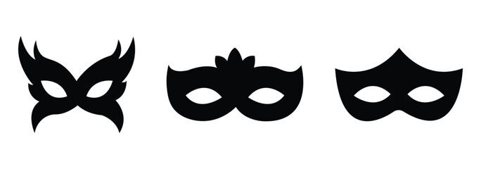 Mask superhero or carnival bandit burglar vector icon set. Black masquerade costume eye mask silhouette hidden villain scammer face. black superhero mask vector icons.