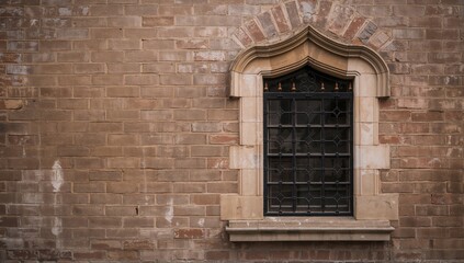 Fototapeta premium Ancient window set in a vintage red brick facade