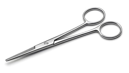 Surgical scissors lying on white background