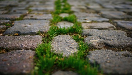 Green grass growing through stone pavement. Background texture.