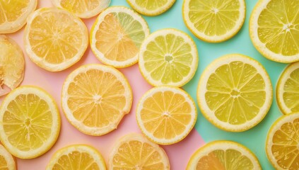 Pattern of lemon slices on a bright colorful backdrop. Simple flat lay food design