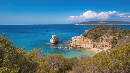 Scenic panorama of a rocky shoreline on San Domino Island in the Adriatic Sea.