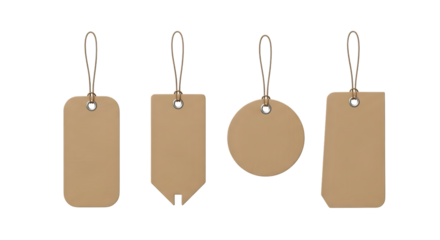 Four blank kraft paper price tags of various shapes isolated on transparent background