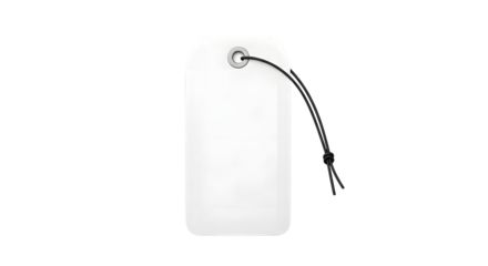 Blank white rectangular tag with a black string attached, isolated on transparent background