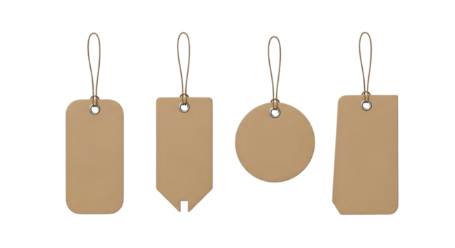 Four blank kraft paper price tags of various shapes isolated on transparent background