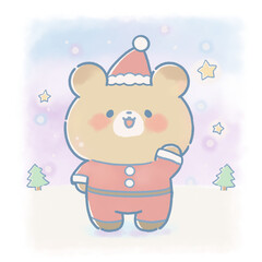 Cute Santa Bear Illustration with Soft Watercolor Pastel Style, Relaxing Christmas Character with Copy Space