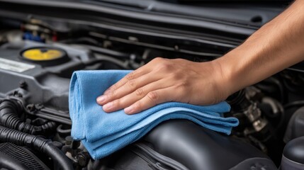Close up of a hand cleaning a car engine with a blue microfiber cloth