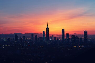 City skyline silhouette with panoramic backdrop, artistic illustration for a banner or website featuring business travel and tourism themes with modern high-rises