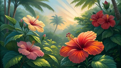 Naklejka premium Vibrant Hibiscus Flowers Blooming in a Lush Tropical Garden