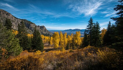 Scenic overlook of mountain ranges with a mix of evergreens and vibrant autumn aspens