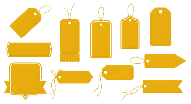 Collection of various yellow price tags and blank labels with strings, isolated on transparent background