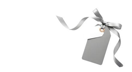 A blank grey gift tag with a silver ribbon tied in a bow, isolated on transparent background