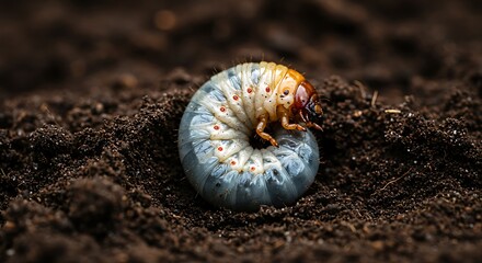 A close-up view of a curled, plump grub on dark brown soil, showcasing its segmented body