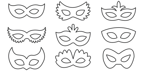 Mask superhero or carnival bandit burglar vector icon set. Black masquerade costume eye mask silhouette hidden villain scammer face.