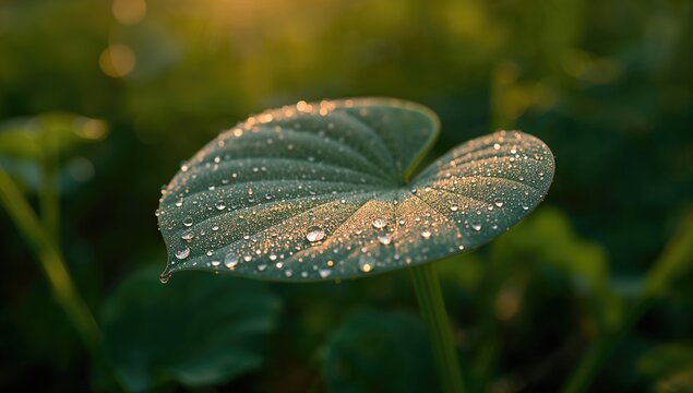 Dewdrops and guttation droplets on a Centella asiatica leaf at dawn