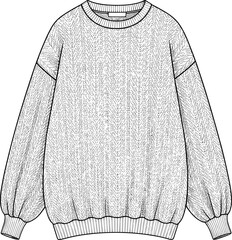 Basic oversized sweatshirt, casual unisex pullover top, comfy winter wear, ribbed cuffs and hem, CAD fashion flat vector technical illustration