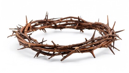 Obraz premium Christian Good Friday Ritual Featuring Jesus' Wooden Crown of Thorns Against a White Background with Space for Text