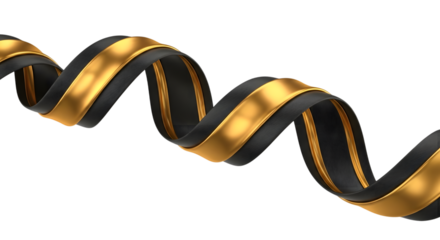 A black and gold ribbon twisted into a spiral shape, isolated on a transparent background