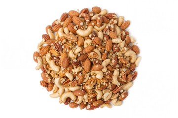 Assortment of shelled nuts scattered on a white surface, viewed from above