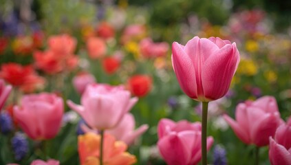Fototapeta premium The garden's backdrop showcased nature's vivid charm, featuring a stunning array of pink blossoms and tulips taking center stage.