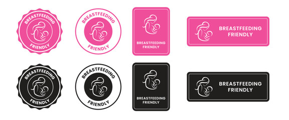 Breastfeeding icon set. Breastfeeding Friendly label. Baby care symbol. Mother and baby icons. Breastfeeding logo, badge, symbol, black, line, flat vector, isolated illustration.