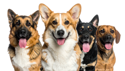 Four happy dogs, a German Shepherd and a Corgi among them, pose together against a black background