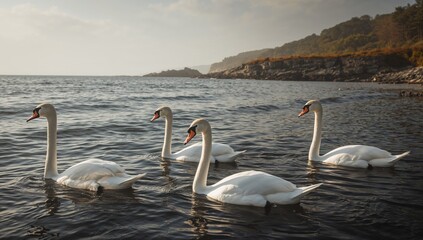 Graceful White Swans Gliding Along