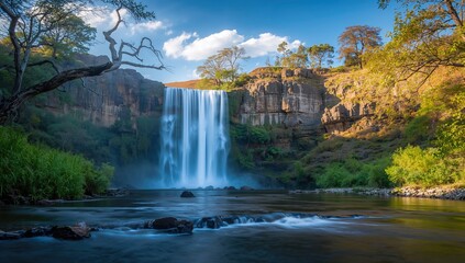 Scenic river and waterfall surrounded by pristine natural landscape