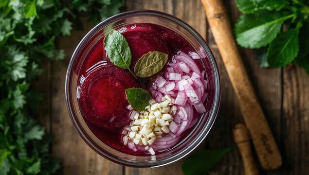 Making fermented beet kvass using a glass bowl with fresh beetroot, onions, garlic, and bay leaves