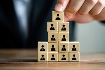 Building Success: A close-up view of a hand carefully placing a top cube adorned with a human icon atop a pyramid of similar cubes, symbolizing growth and unity