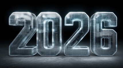 Futuristic ice crystal 2026 typography with metallic glow
