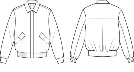 Bomber jacket technical flat sketch, front and back view, men’s outerwear fashion template, clothing design outline, cad drawing flat vector illustration