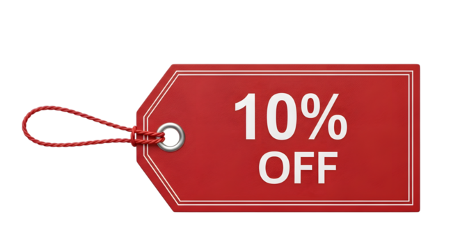 Red tag with 10 off text, isolated on transparent background