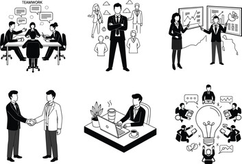Business teamwork vector illustration set, office people meeting, presentation, leadership, partnership, brainstorming, success, management, communication, innovation, digital work concept design