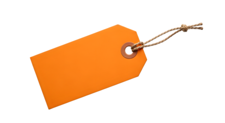 A single orange blank tag with a string tied through the hole, isolated on transparent background