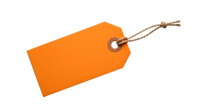 A single orange blank tag with a string tied through the hole, isolated on transparent background
