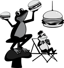 A playful penguin and mouse reaching for delicious floating hamburgers