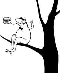 A whimsical illustration featuring a cartoon frog and a floating burger