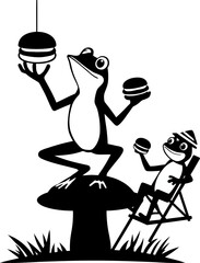 A minimalist illustration of a white frog against a dark background