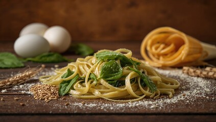 Vegetarian green fettuccine made from spinach and wheat flour, arranged in a nest shape
