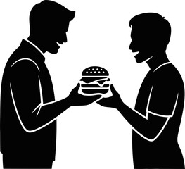 Two figures reaching for a delicious looking burger in silhouette
