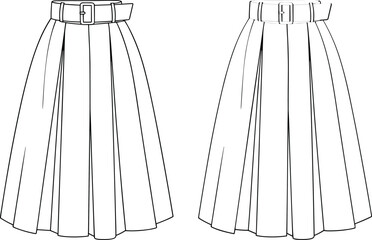 cad drawing flat vector illustration, pleated skirt front and back view, fashion technical sketch, clothing design template, apparel vector mockup
