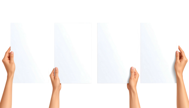 Four pairs of hands holding blank white sheets against a black background, creating an inviting space
