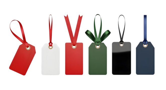 Collection of assorted gift tags with ribbons, isolated on transparent background