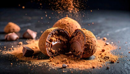 Photorealistic chocolate truffle cut in half, ganache oozing, black backdrop