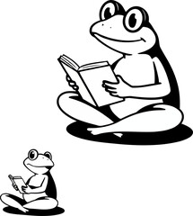 A charming illustration depicts a frog reading a book with another frog watching