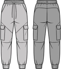 Cargo jogger pants technical flat sketch, front and back view, men’s streetwear fashion design template, cad drawing flat vector illustration