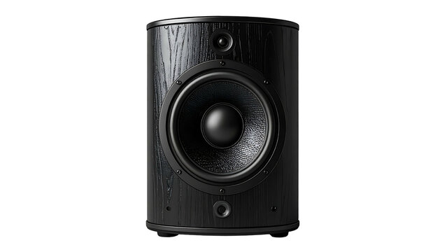 Dark, cylindrical speaker with a central cone, set against a black background with subtle wood grain texture detail