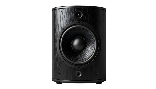 Dark, cylindrical speaker with a central cone, set against a black background with subtle wood grain texture detail
