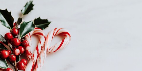 Candy canes and holly berries on marble background, perfect for Christmas mockup or product layout